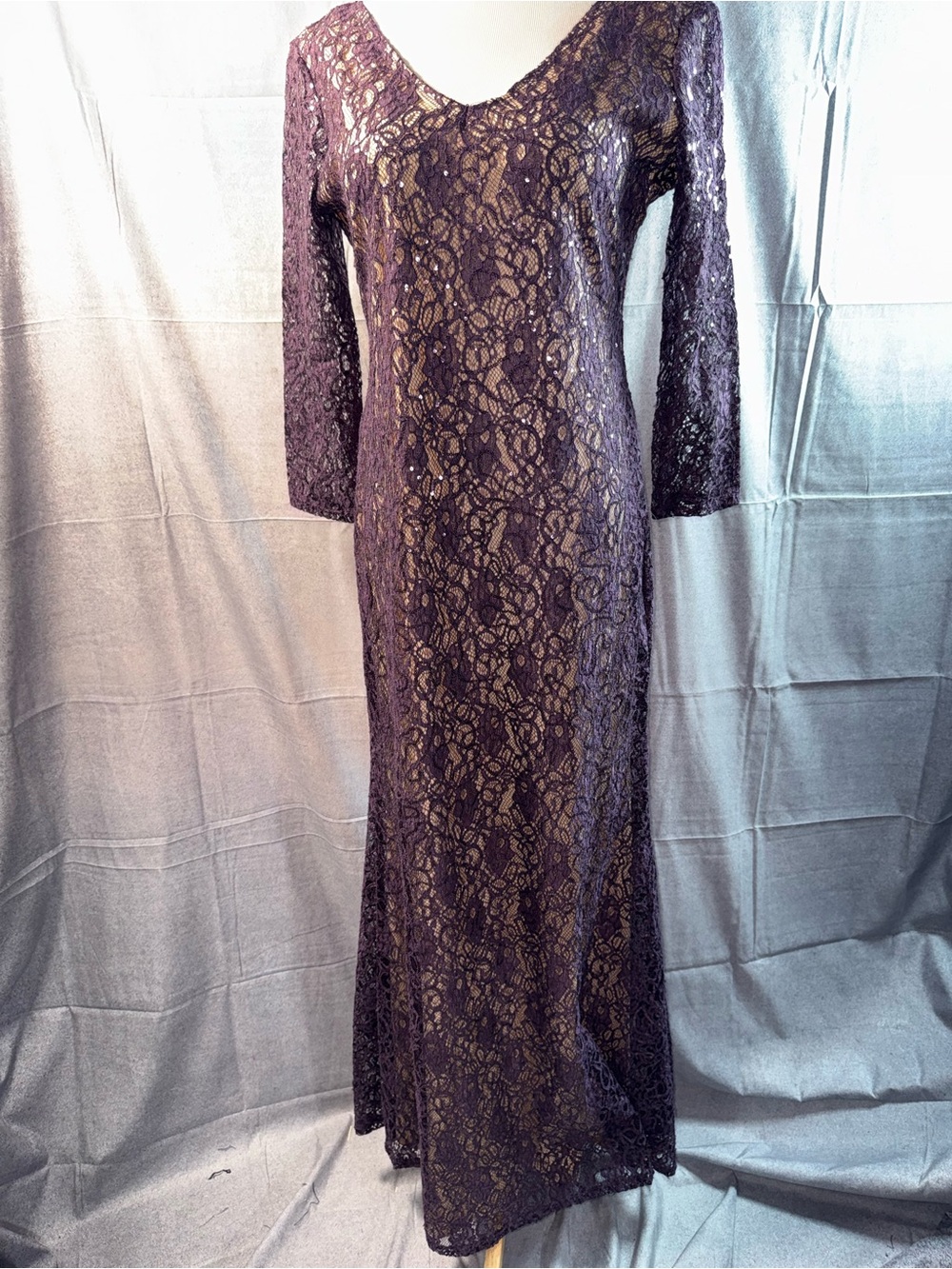 1795-MARINA Purple Lace Long Sleeve Maxi Dress